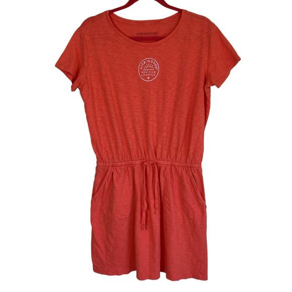 Life is Good Sz M Short Sleeve Textured Slub Cotton Mini Dress Orange Rising Sun - Picture 2 of 16